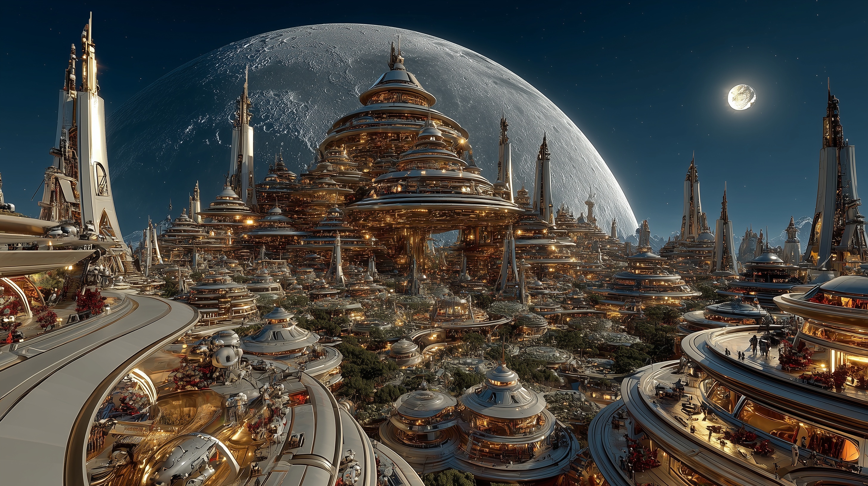 A vast night landscape under a perfect full moon, ...