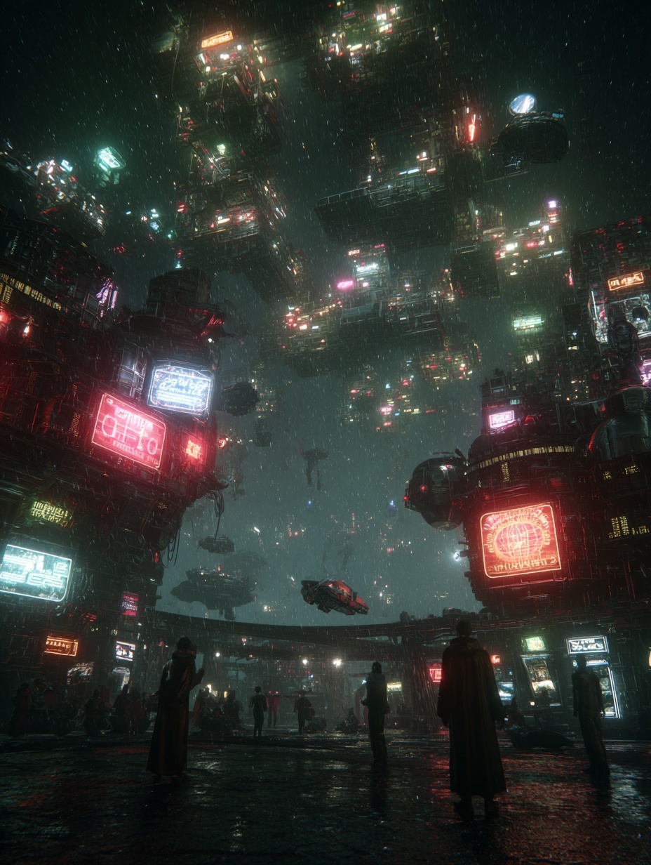 A neon-drenched floating library suspended over a ...