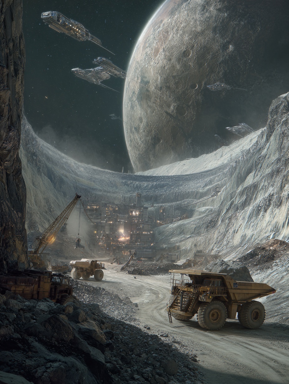 a big mining truck is mining on moon, open pit, so...