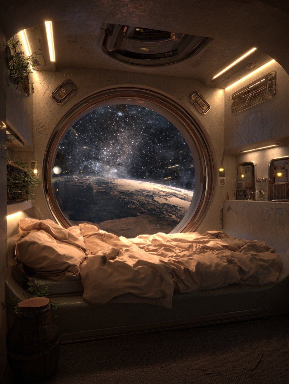 photorealistic cosy bed in capsule room of spacesh...