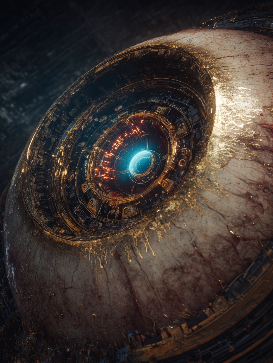 A hyper-detailed close-up of a robotic eye made of...
