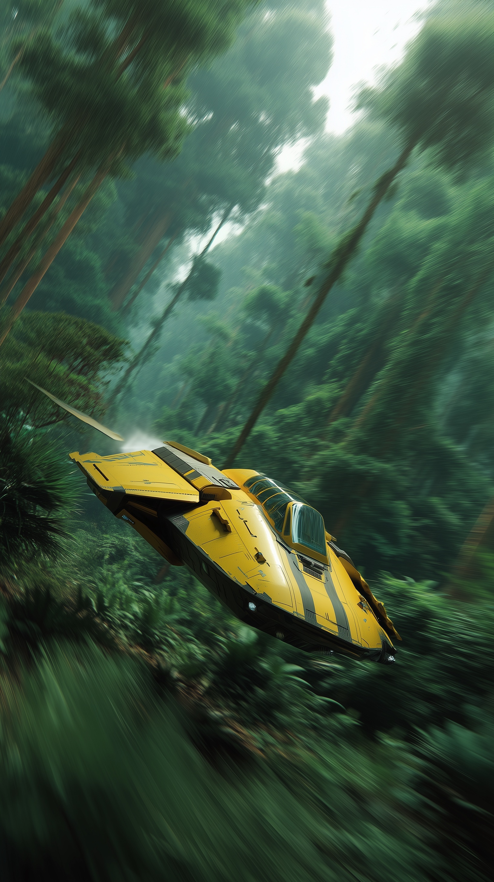 retro futurism graphic, sleek yellow spaceship fly...