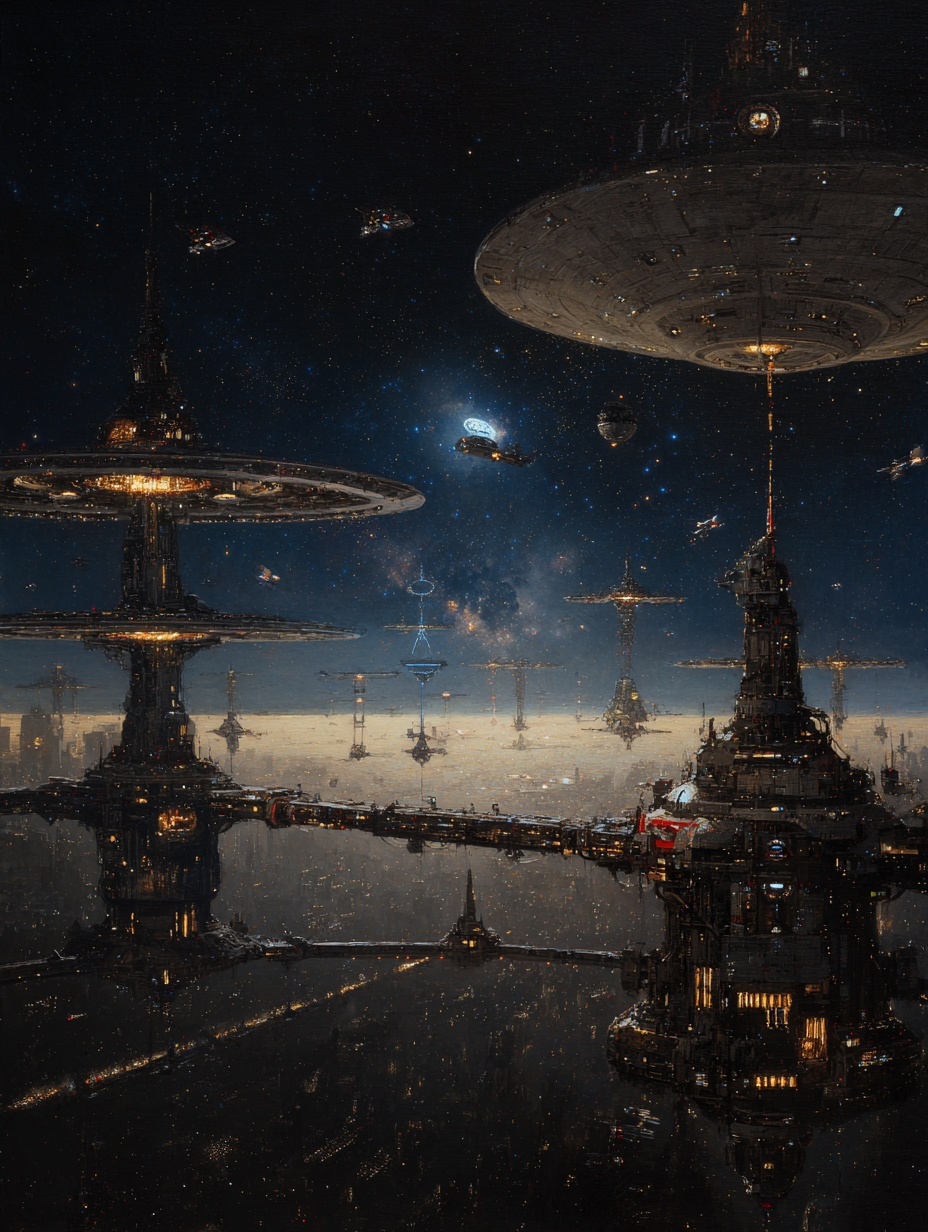 futuristic space station community, bustling with ...