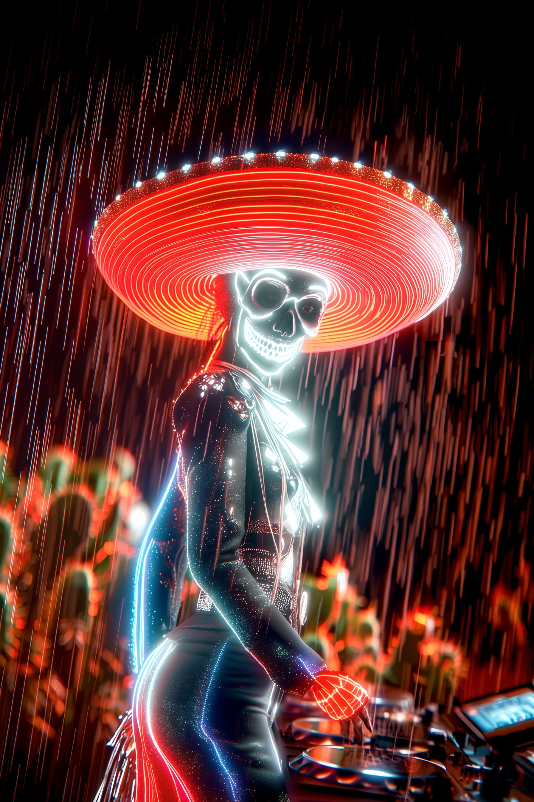 single female mariachi with LED skull masks and so...