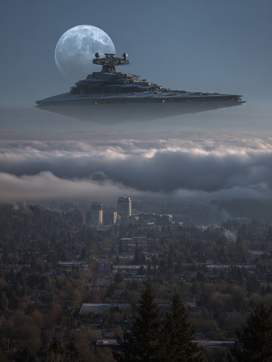 Enormous alien battleship in space above and behin...