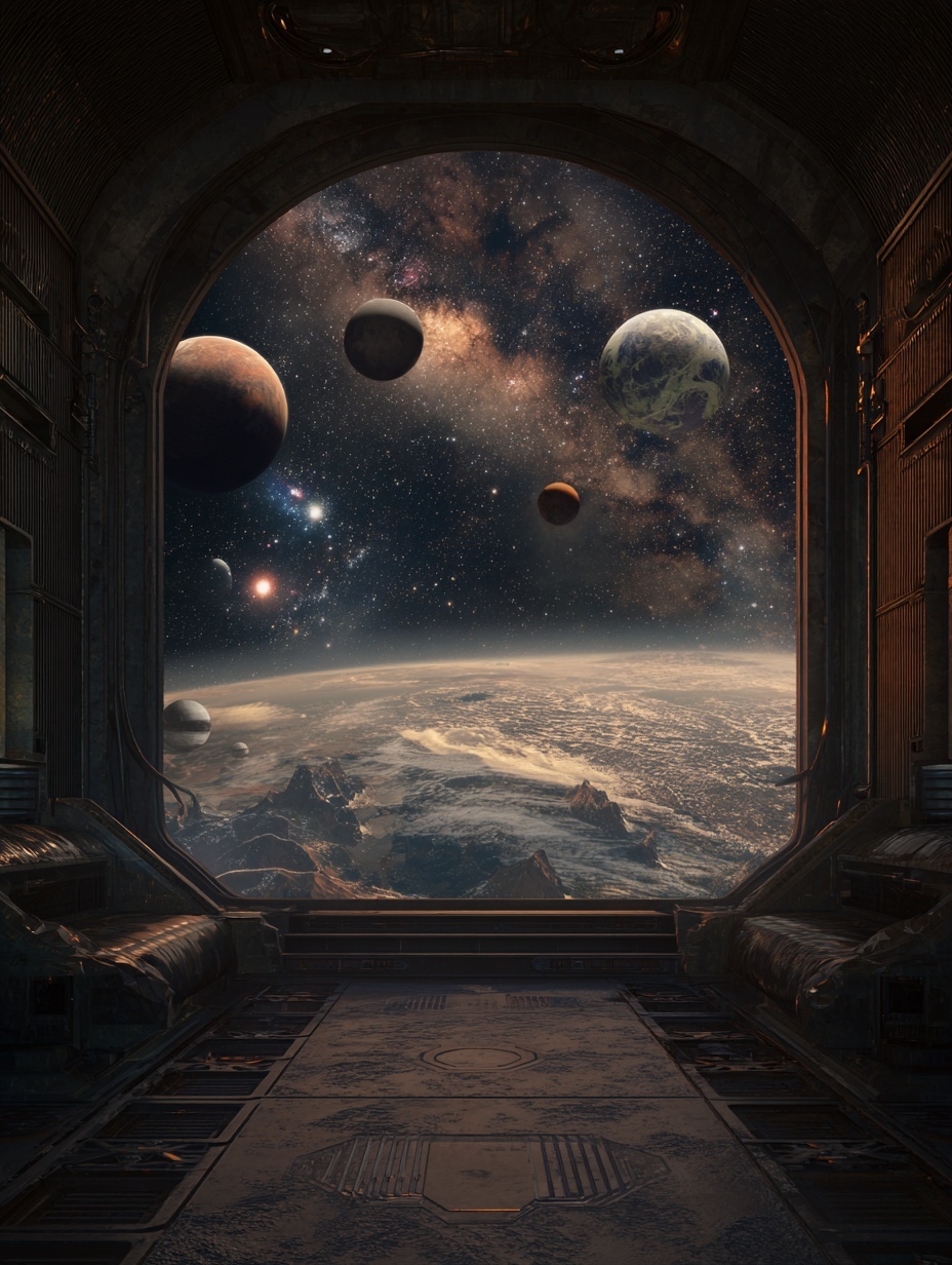 peceship sci-fi interior, big window with view on ...