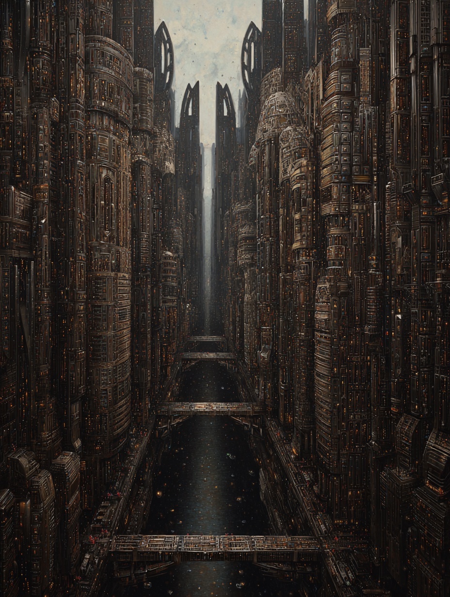 a very distant view of a metallic urban city+ use ...