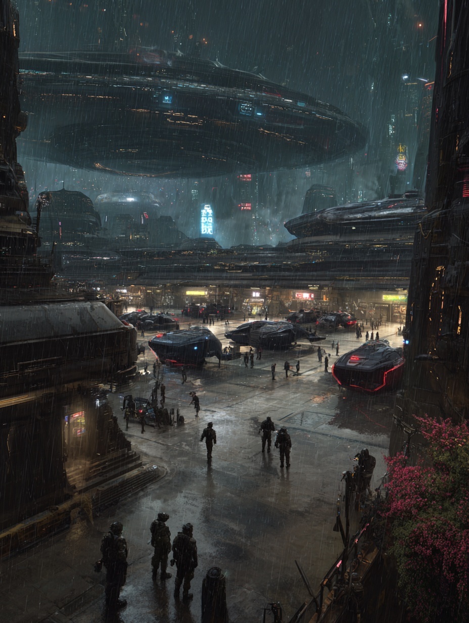 a busy sci fi military fortification, groups of so...