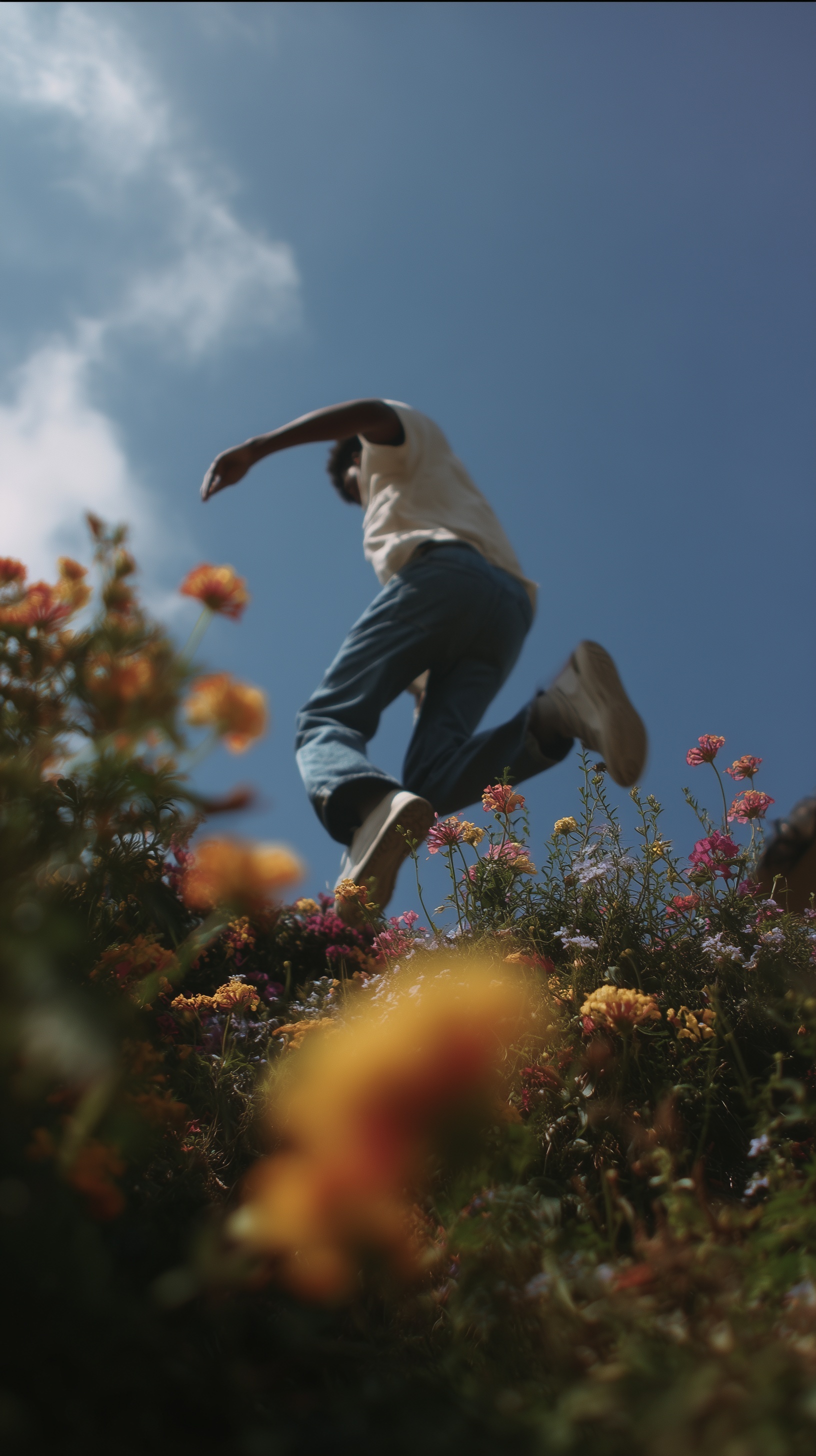 a young man is jumping in the air, with his feet r...