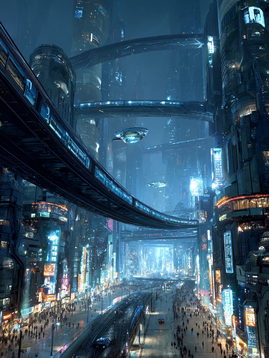 a futuristic cityscape with skyscrapers and flying...
