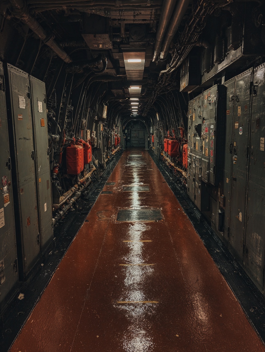 peering up from the bottom deck of a storage magaz...