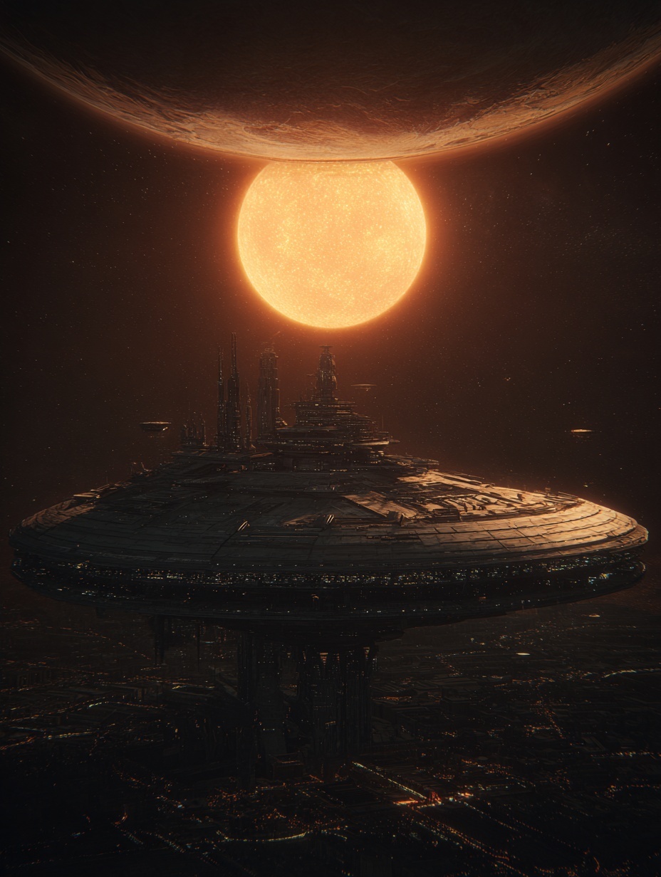 a starbase illuminated by the warm light of a dist...