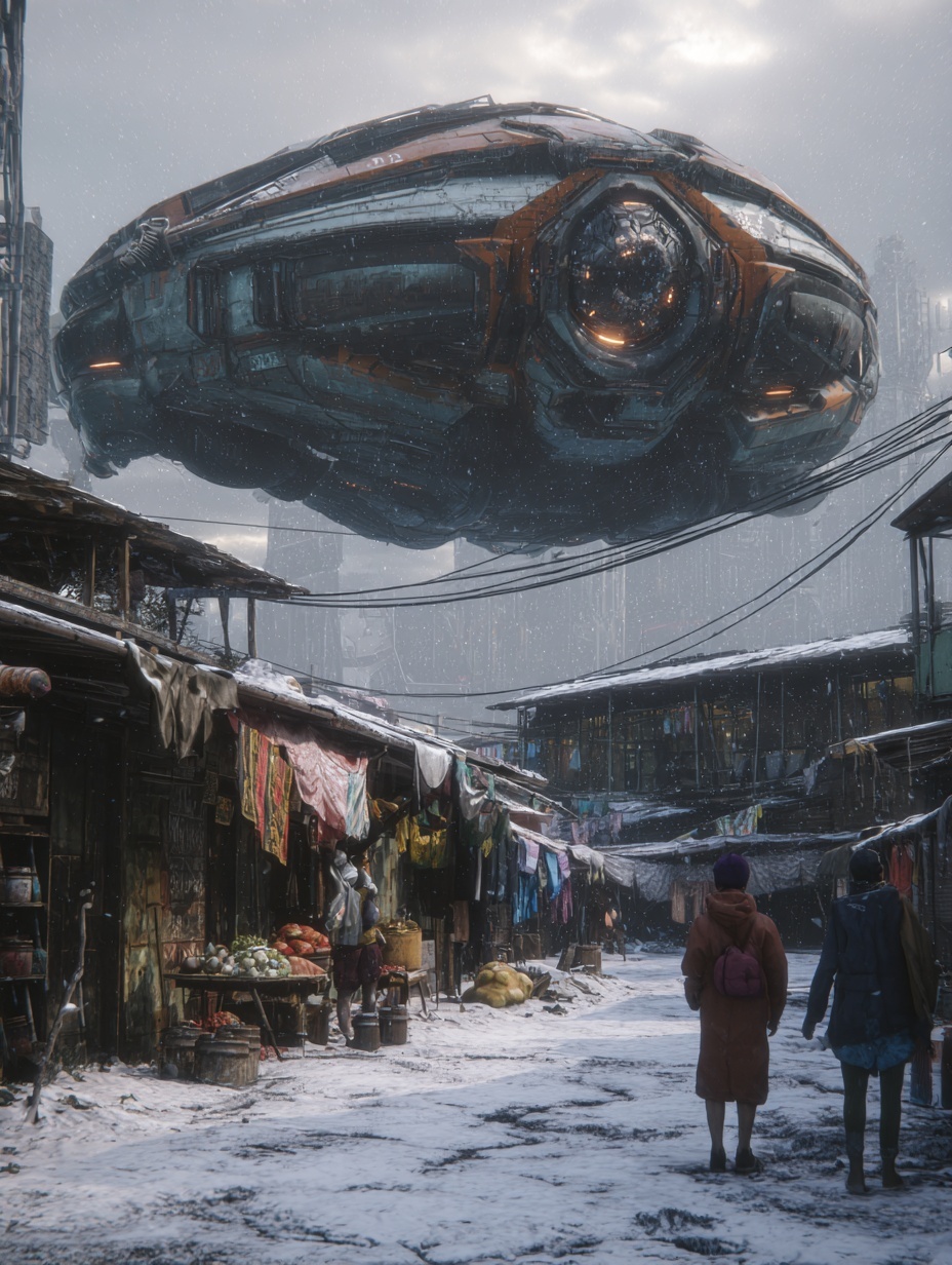 A large science fiction spaceship has landed near ...