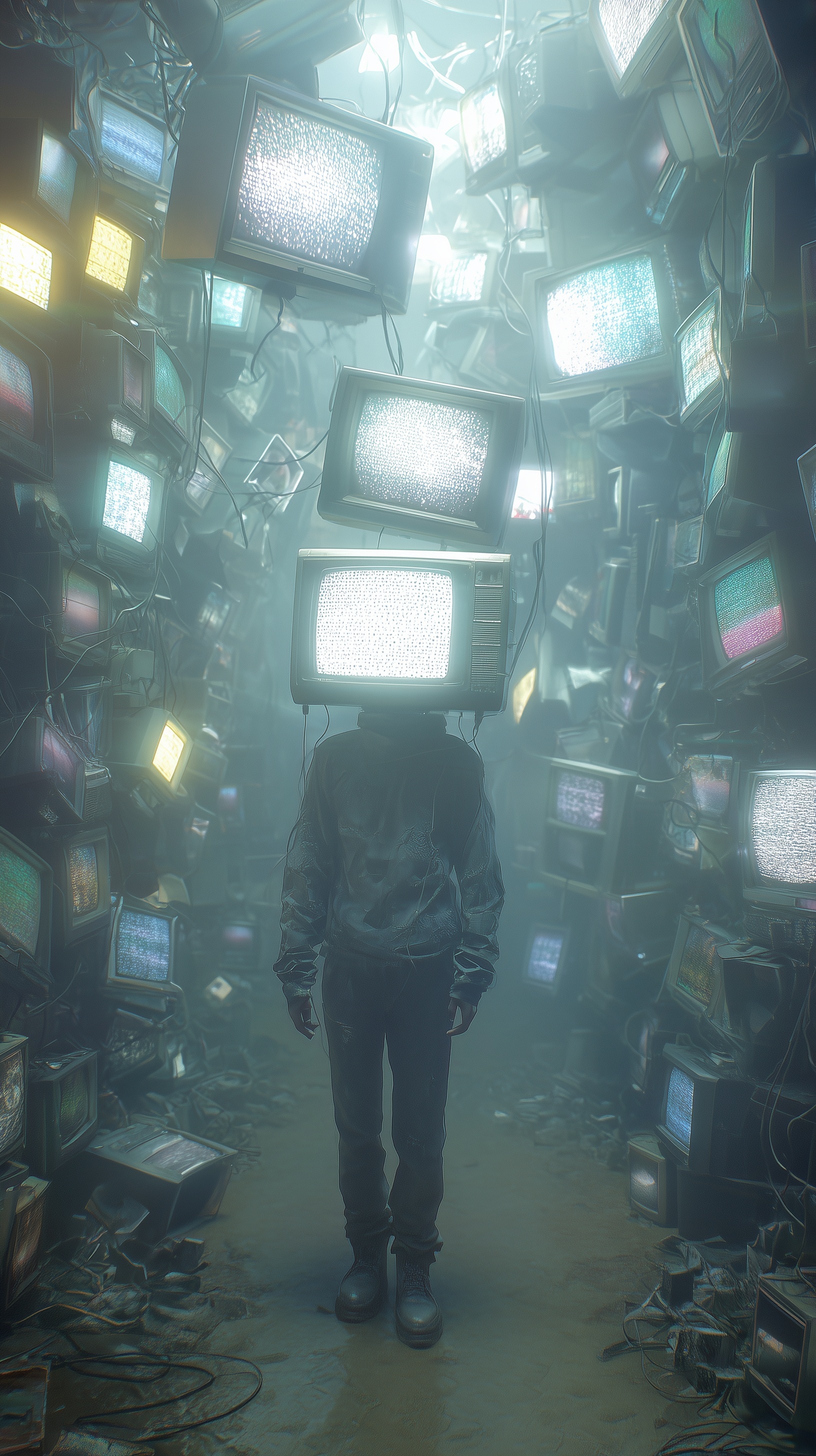 surreal cyberpunk scene, human figure with CRT tel...