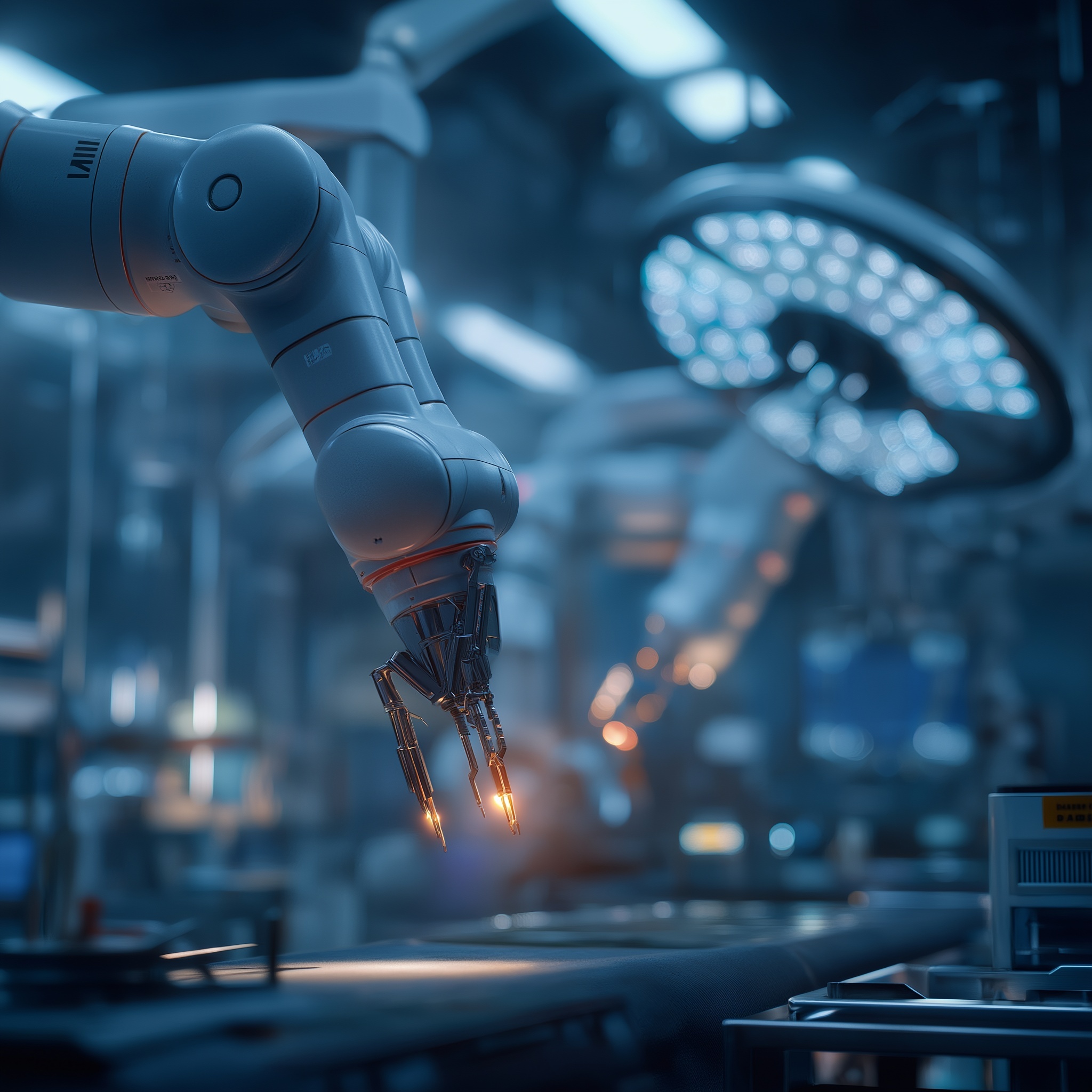 A robotic surgical machine stands in the center of...