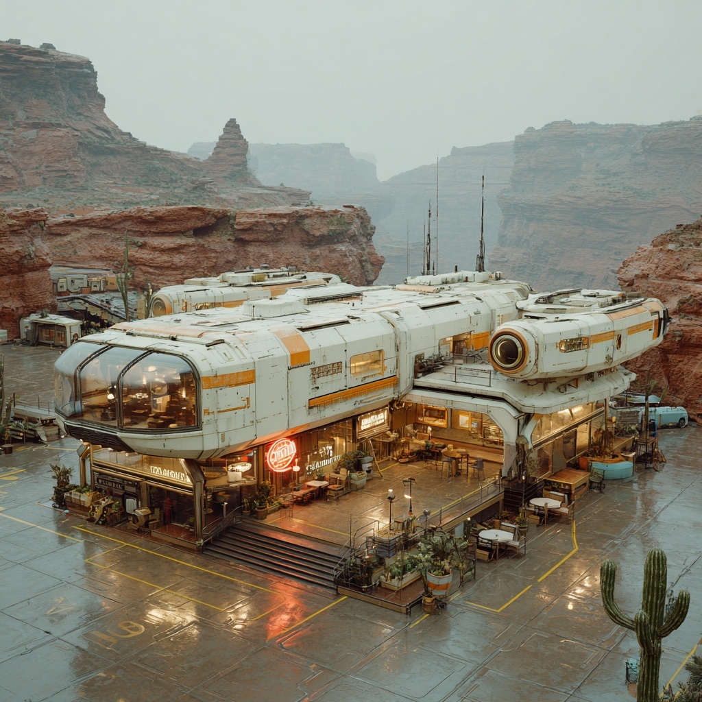 futuristic space age saloon nightscape in space de...