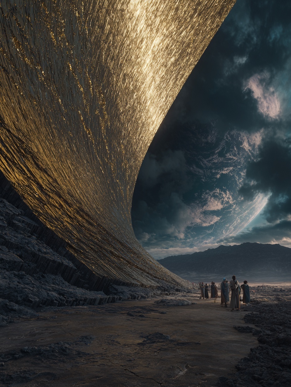 A gigantic structure made of golden metal and blac...