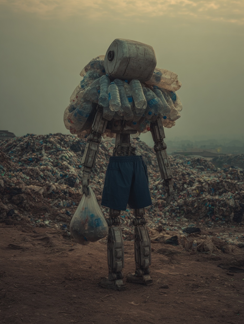 A robot has a pile of huge plastic bottles on its ...