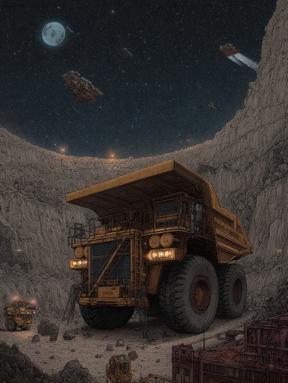 a big mining truck is mining on moon, open pit, so...