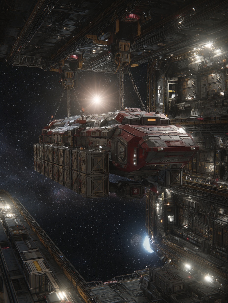 A cargo freighter hovers in a fixed orbital positi...