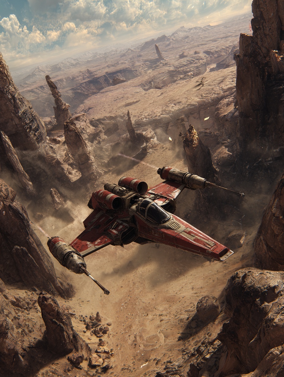 one man starfighter speeding over a rocky desert l...