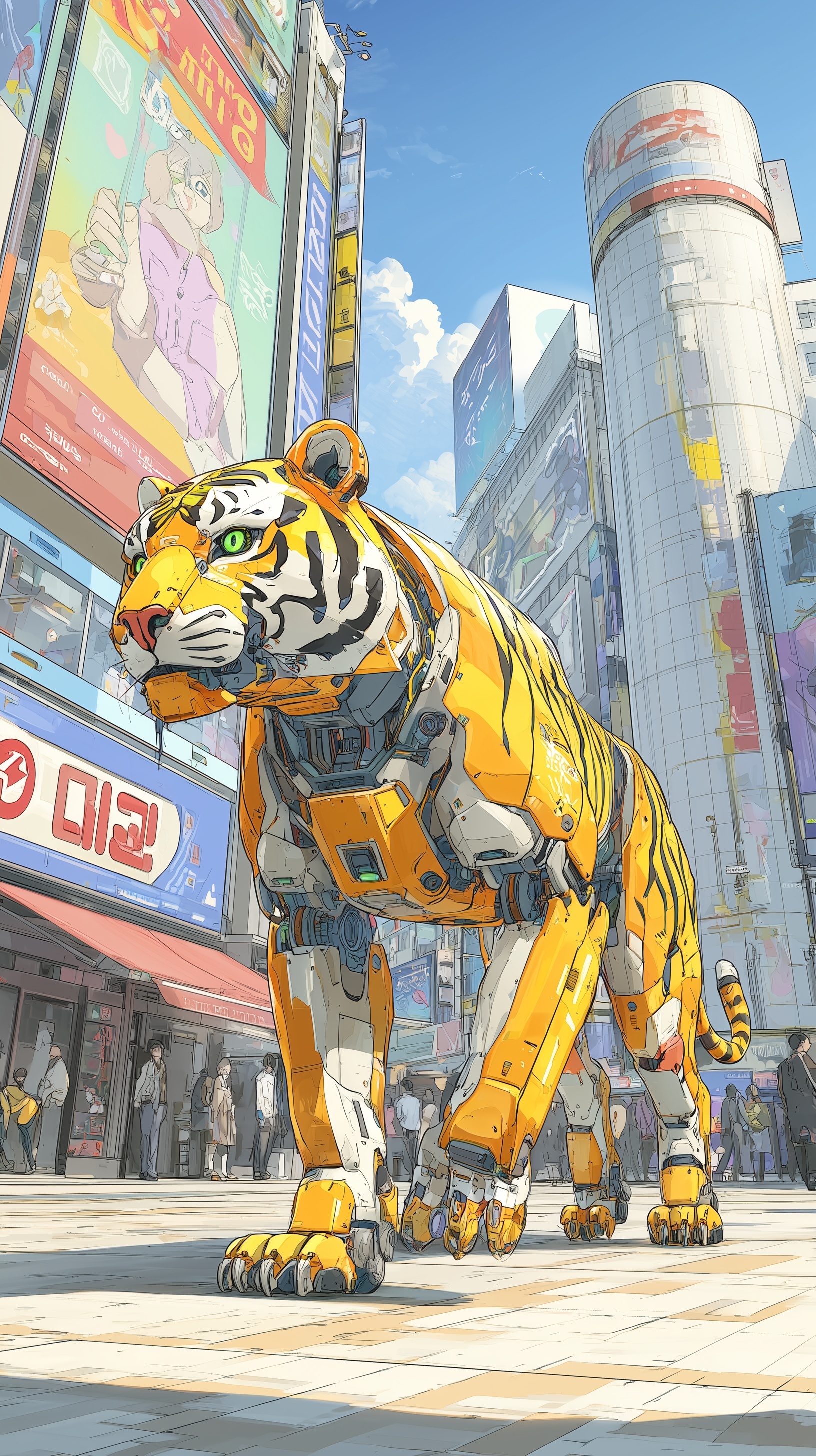 anime-style robotic tiger in a side profile, walki...