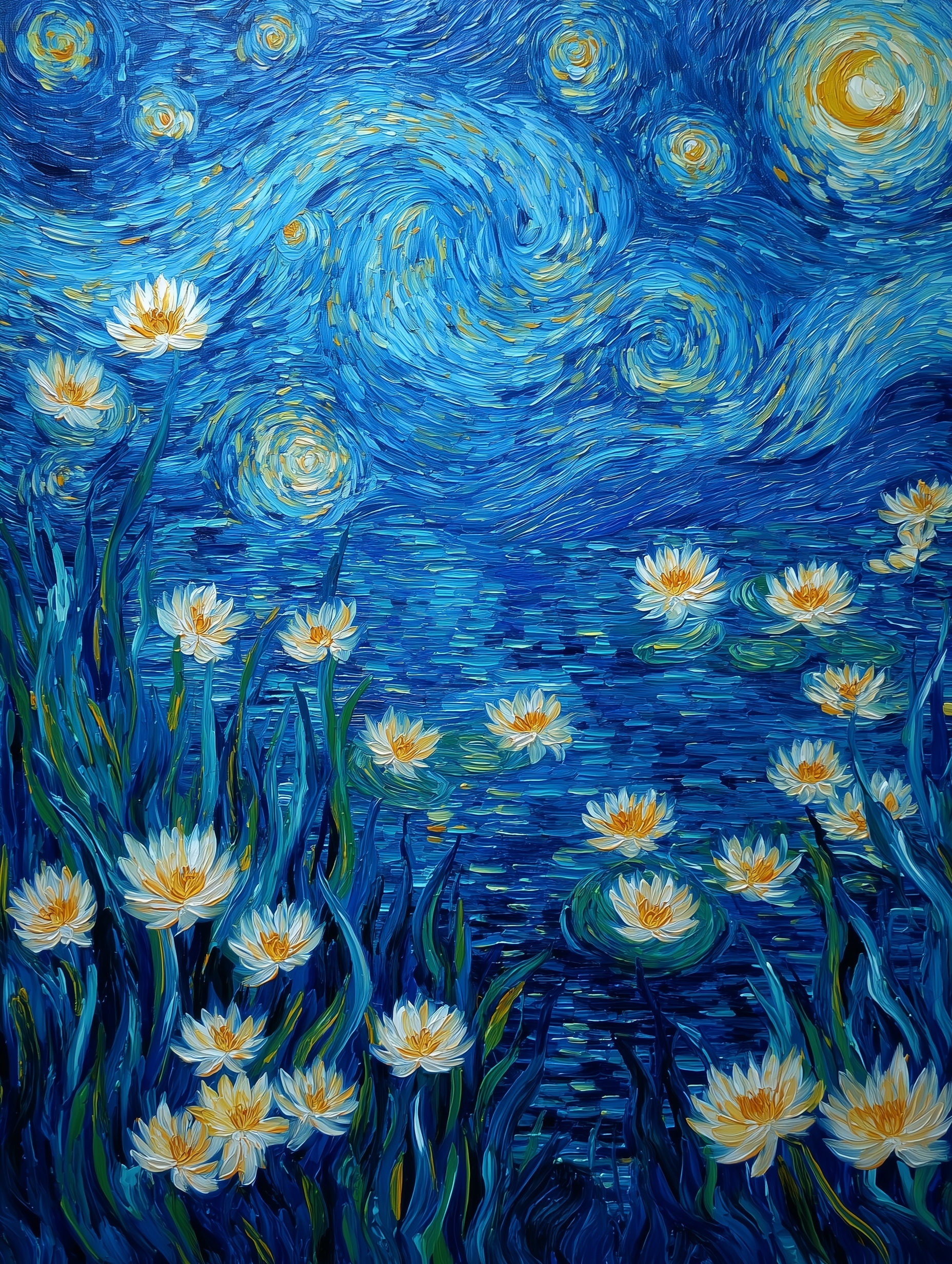 Van Gogh's painting style, starry sky, flowers, li...