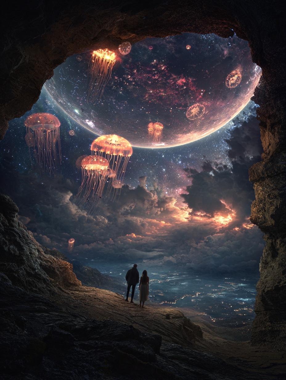 A breathtaking cinematic scene of a couple standin...