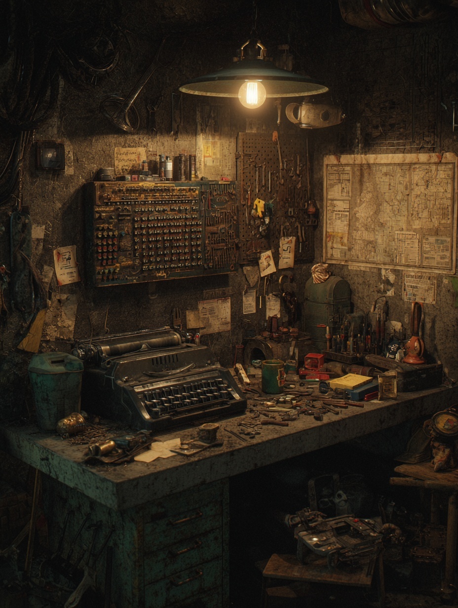 A cluttered workbench in a garage, with an old mec...