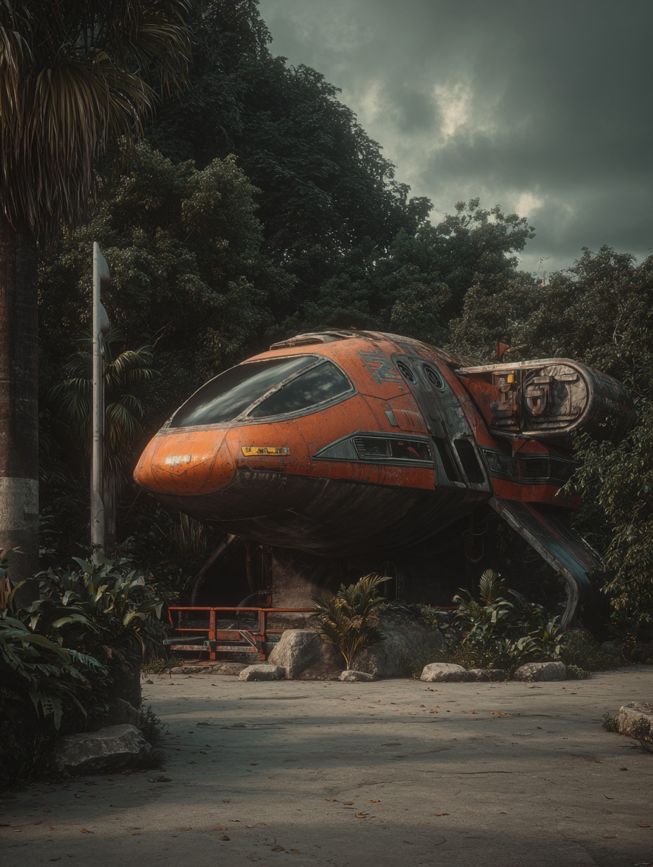 A photorealistic shot of a derelict, retro-futuris...