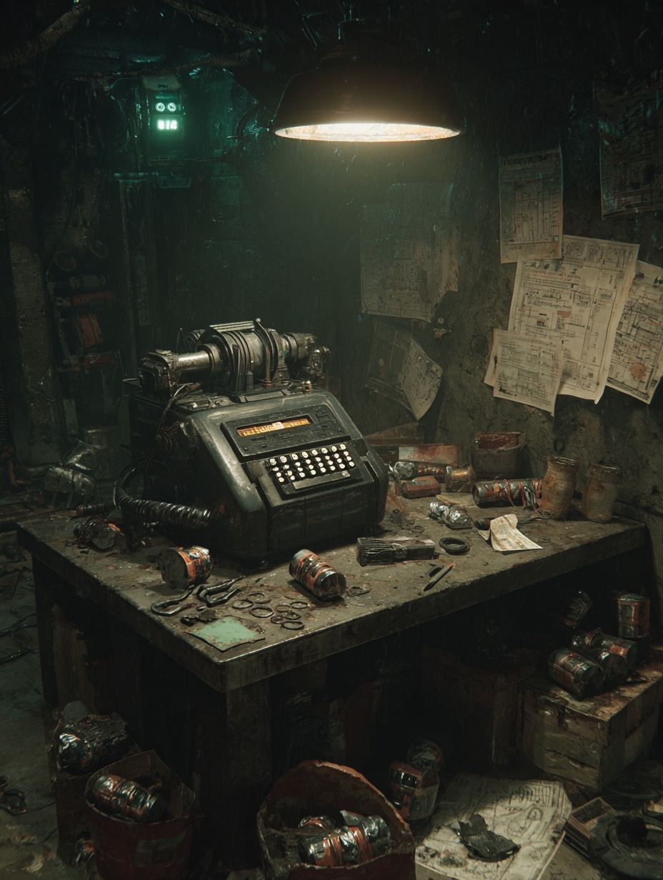 A photorealistic shot of a cluttered workbench in ...