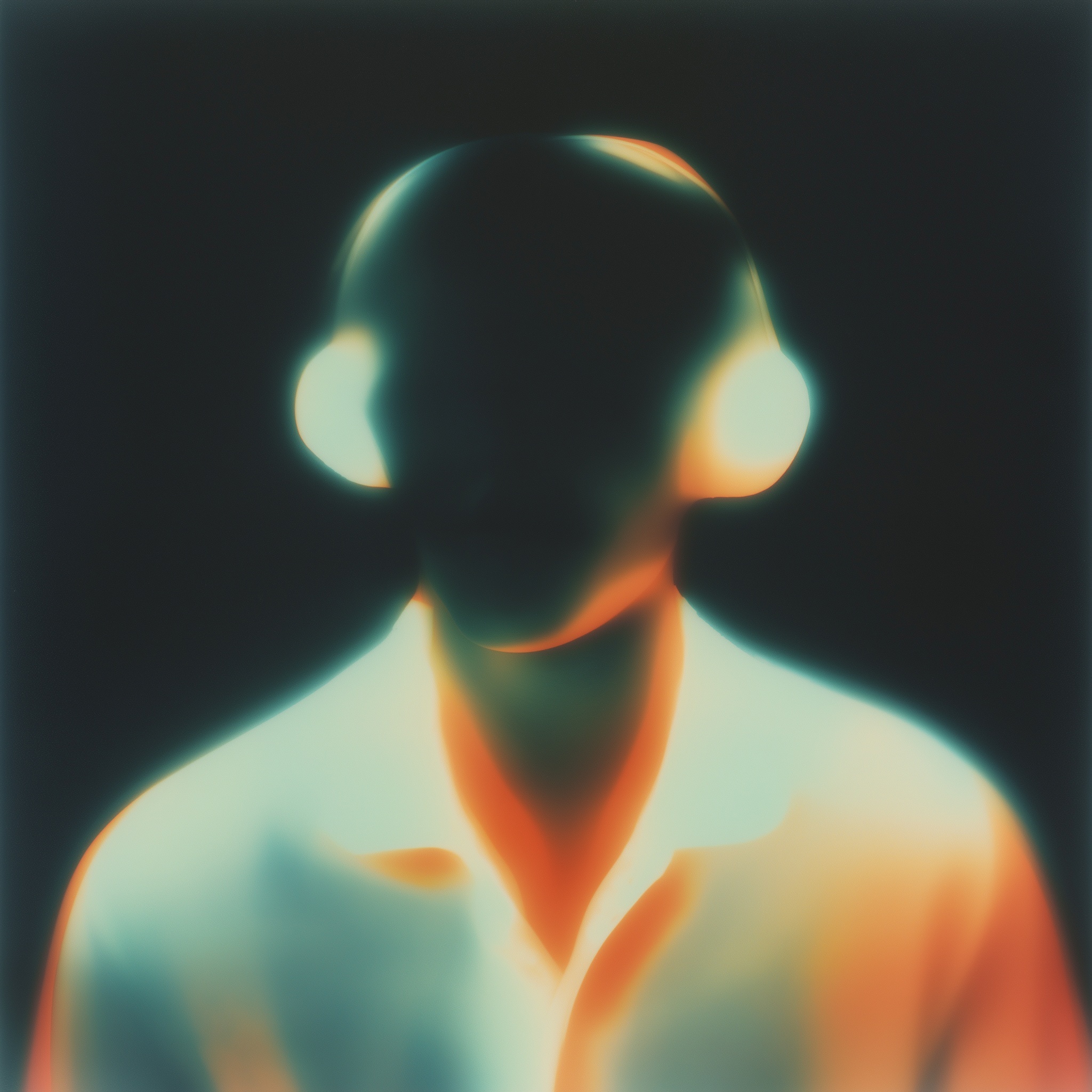 A man's head with headpones is seen from the front...