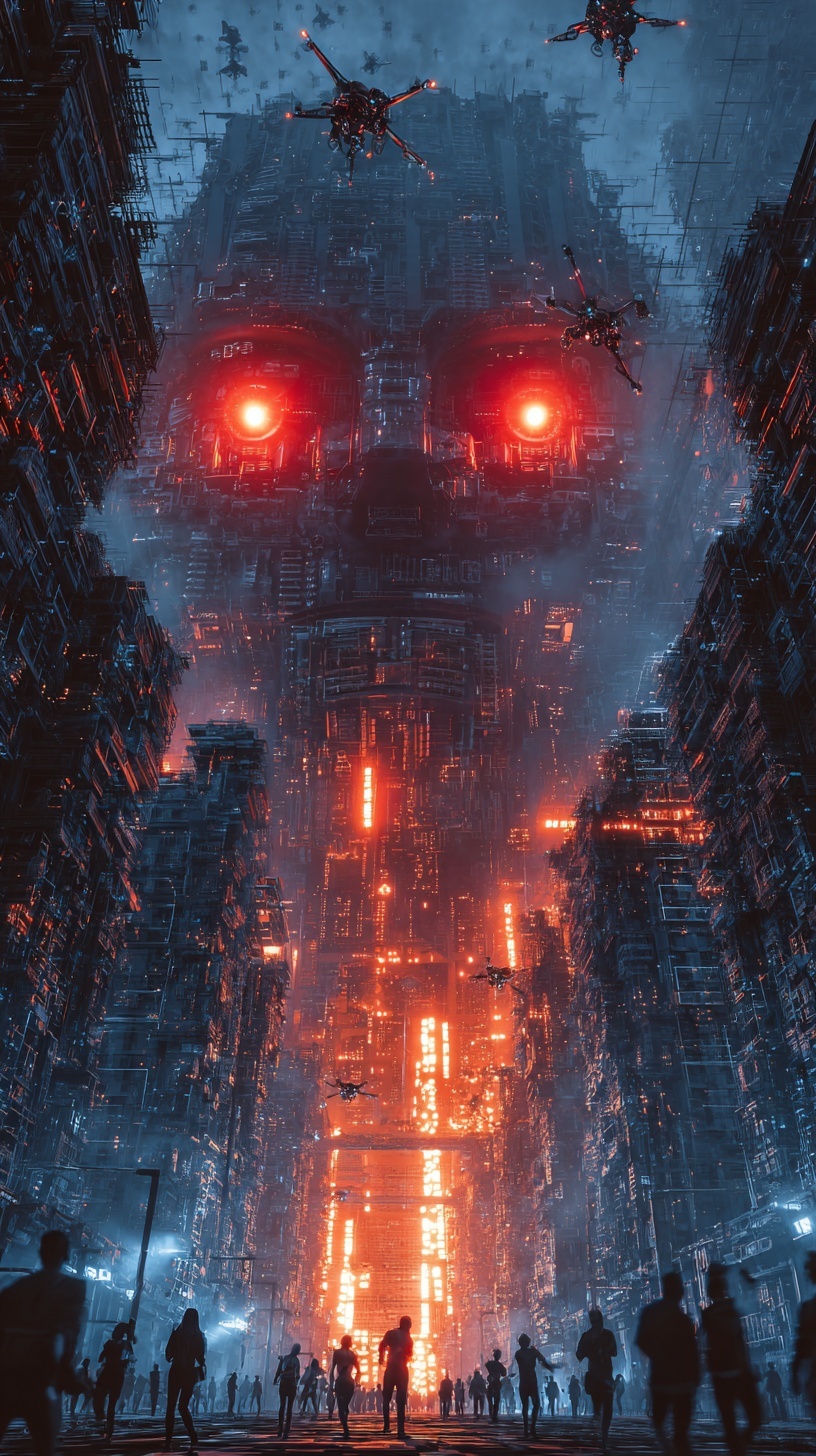 photo of giant AI supercomputer dominating a futur...