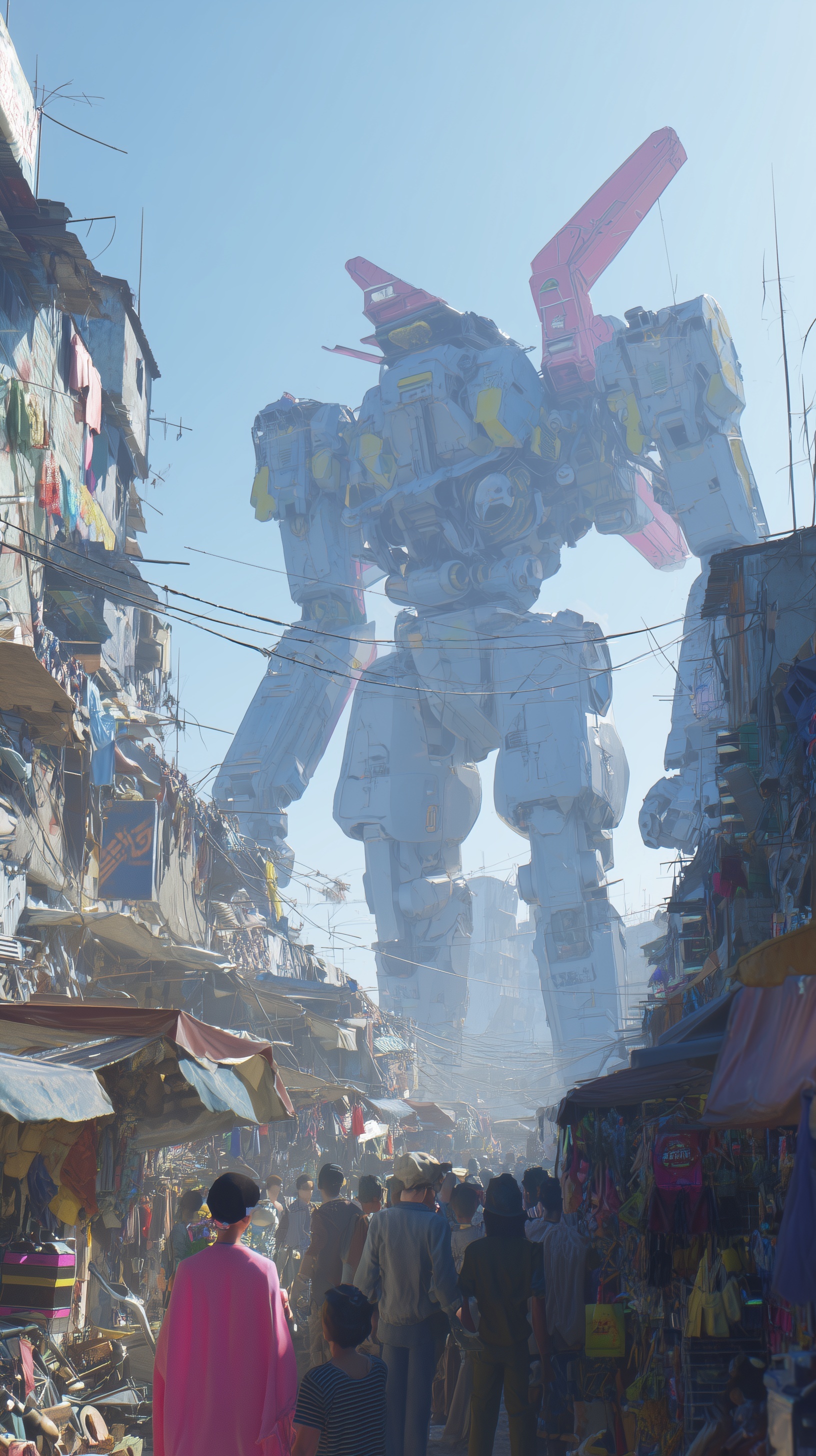 A wide angle of a packed market in a slum in South...