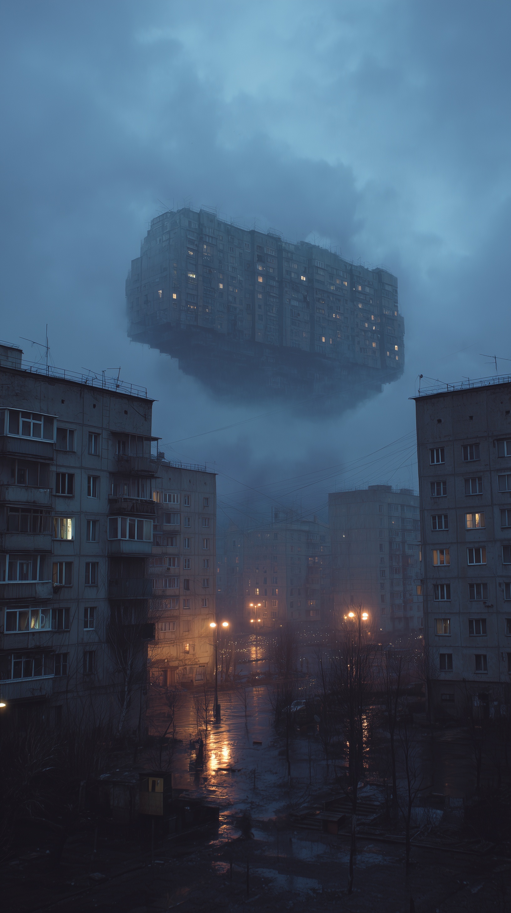 a massive building floats in the air above Old Sov...