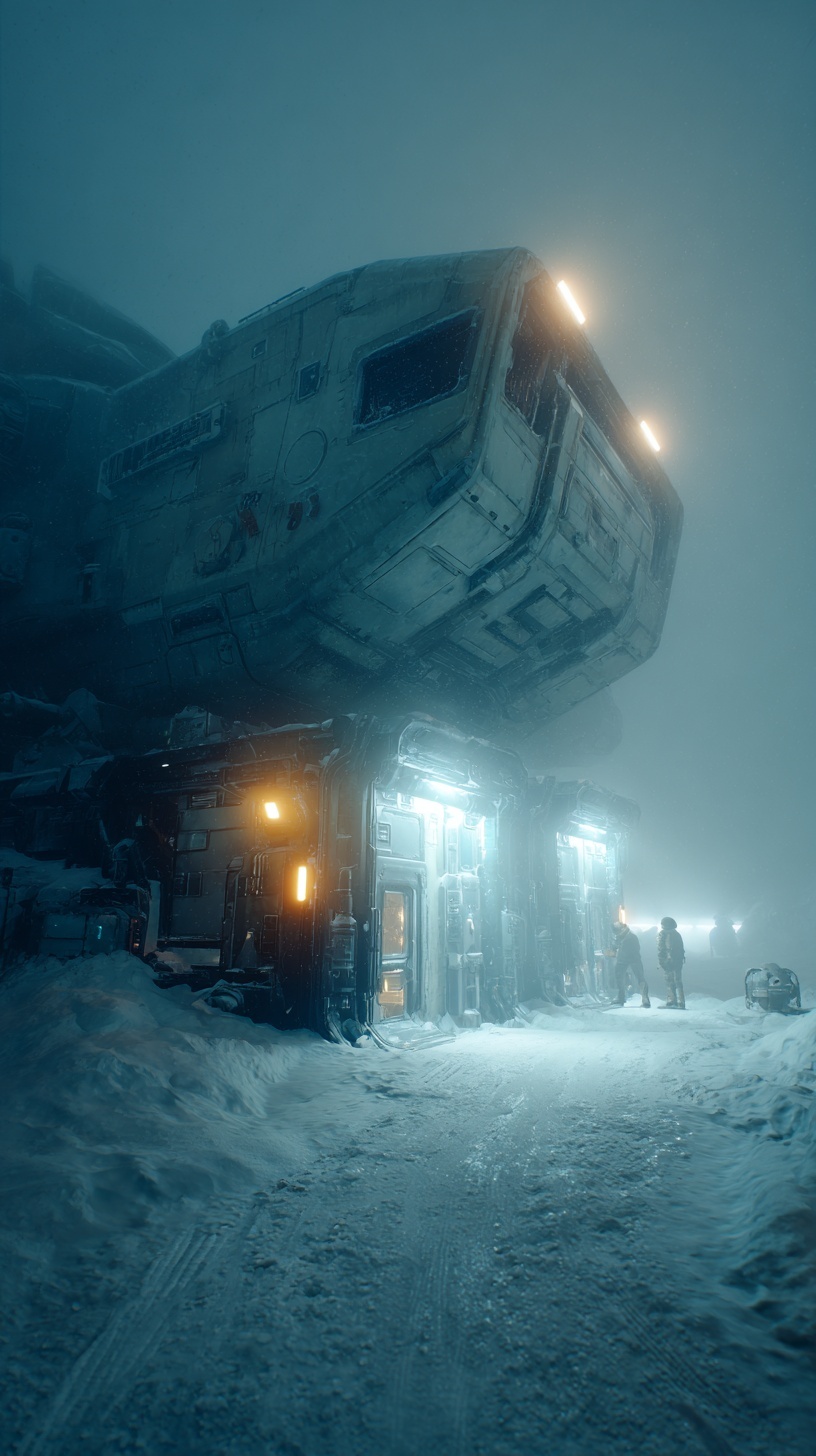 POV exploring a massive crashed spaceship half-bur...