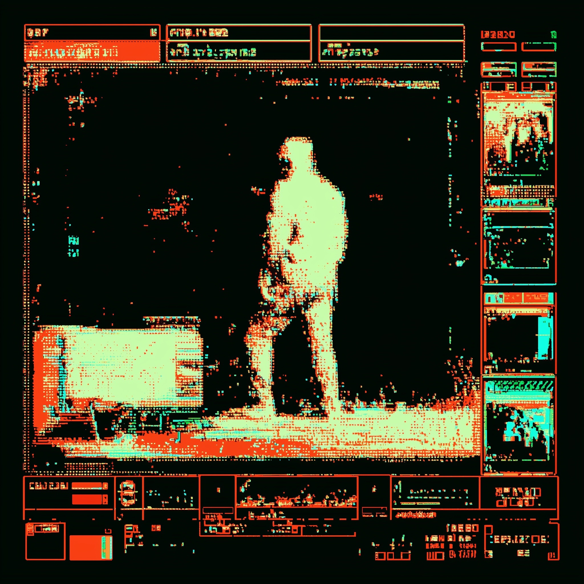 old computer UI, man silhouette, thermo view, pixe...