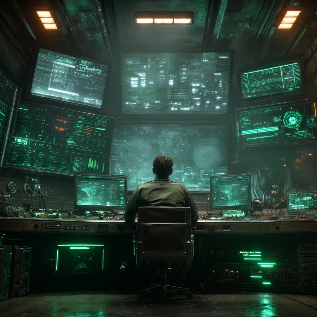 A man sitting in a futuristic control room, facing...