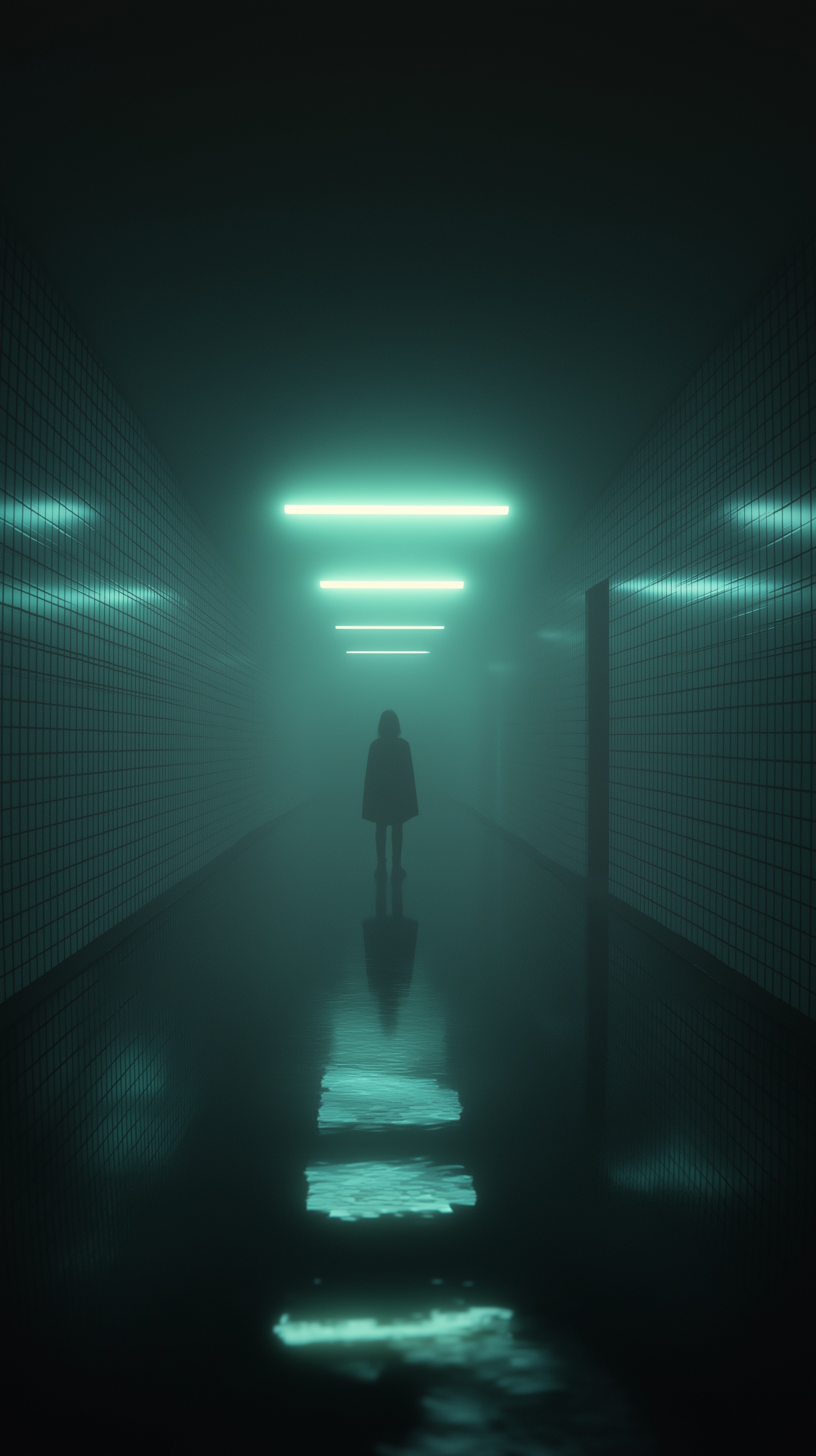 a solitary person standing motionless in a dimly l...