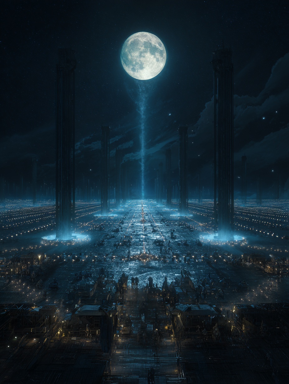 A vast night landscape under a perfect full moon, ...