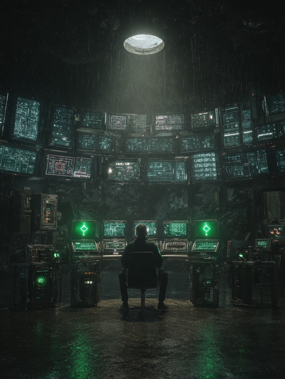 A man sitting in a futuristic control room, facing...