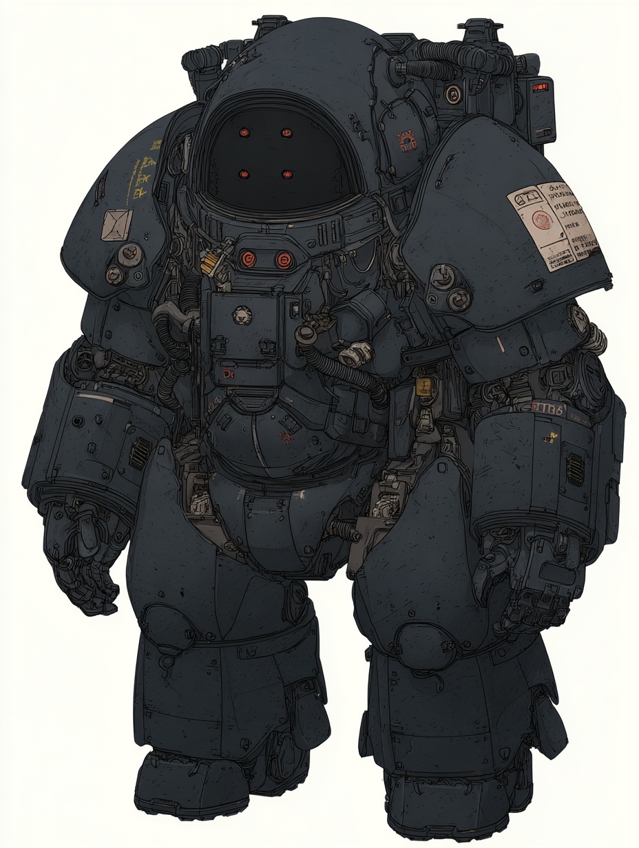 a bulky, black, heavy military mechsuit hardsuit w...