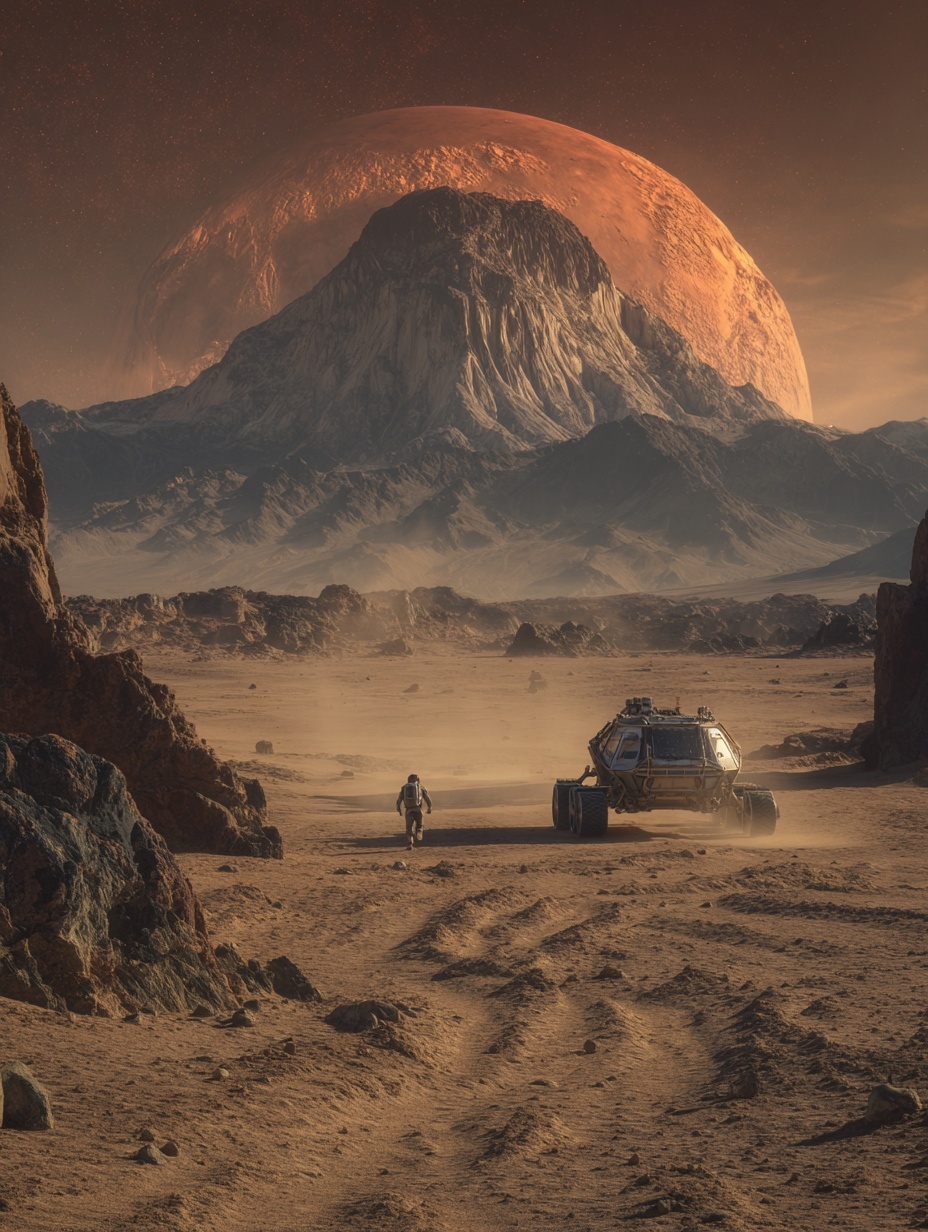 Cinematic wide-angle scene on the surface of Mars,...