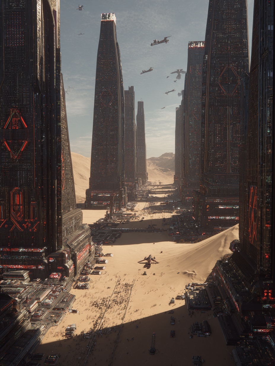 Cinematic futuristic cityscape in the middle of th...