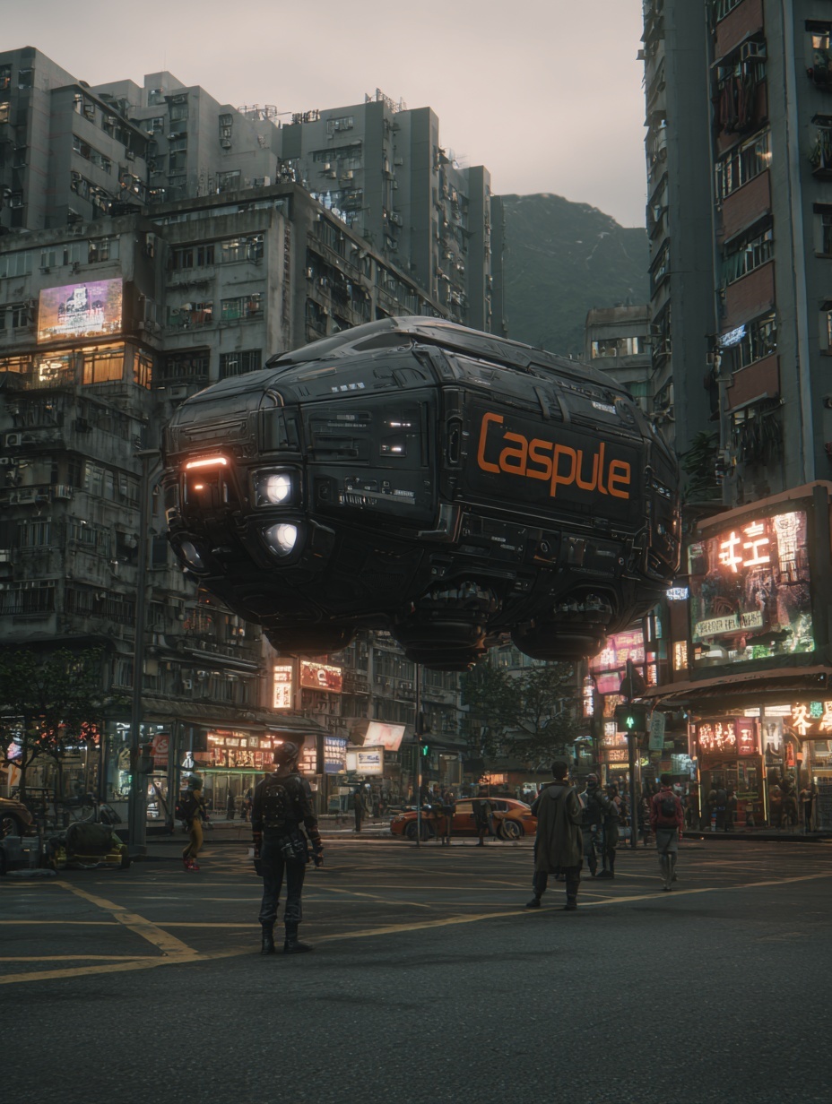 cinematic screengrab street level photo of a bulky...