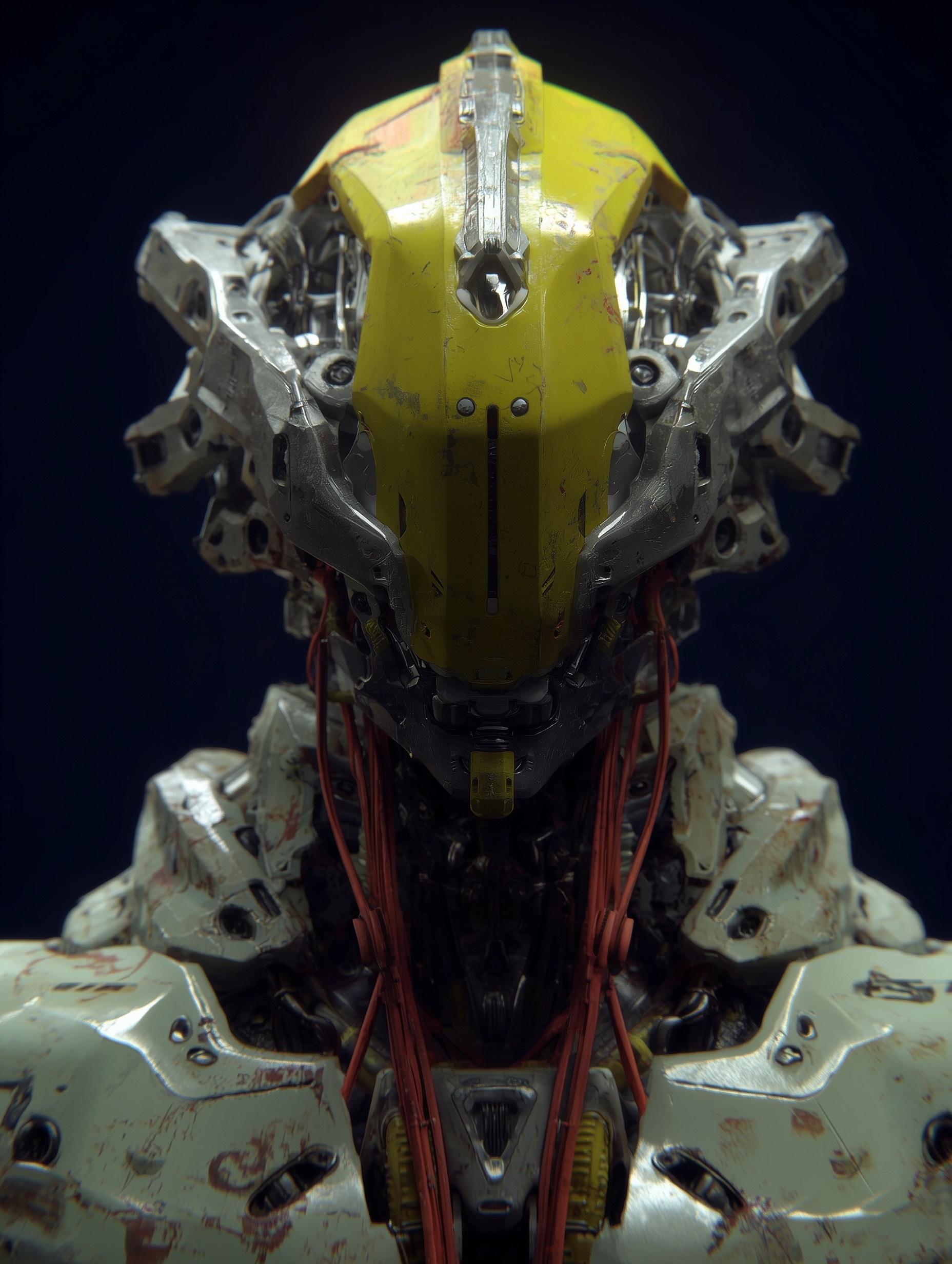 A humanoid robot face to the camera, with a comple...