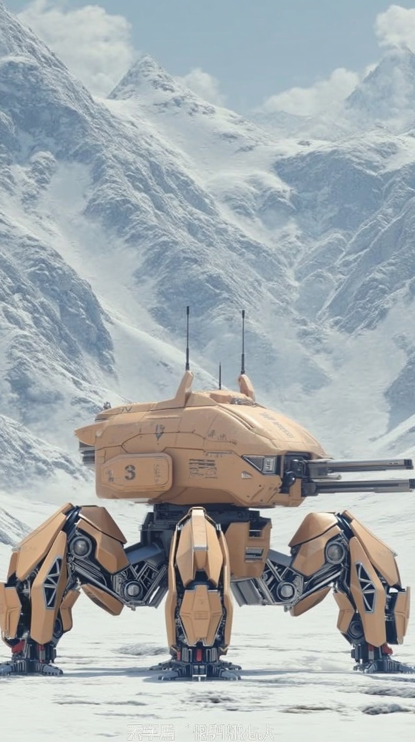 A large military turret with four legs and guns on...