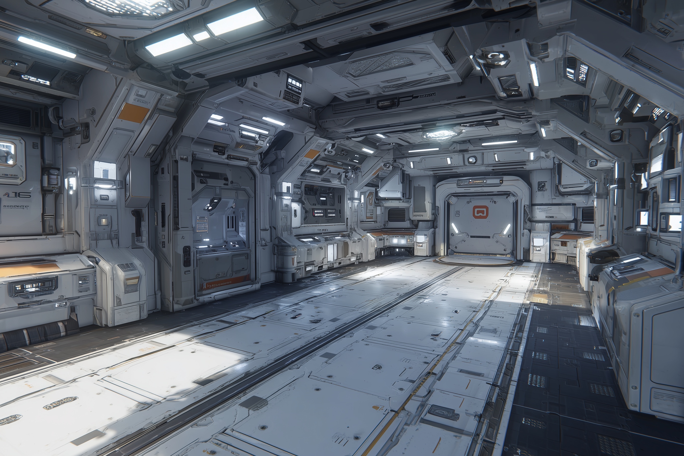 A science fiction-style square room. The walls are...